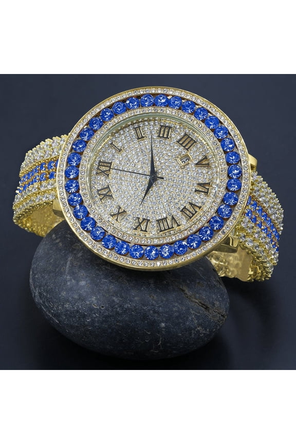 Roman Numeral Dial Simulated Diamond Blue Sapphire Gold Tone Mens Jo Rodeo Adjustable Size Band Custom Watch