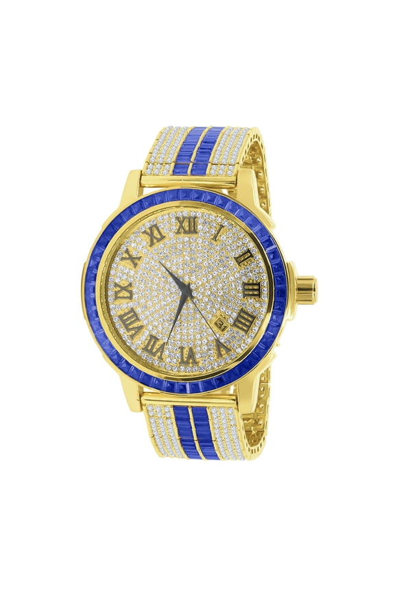 Roman Numeral Dial Solid Steel Bezel Simulated Diamond Sapphire Blue Custom Adjustable Band Mens Watch W/Date