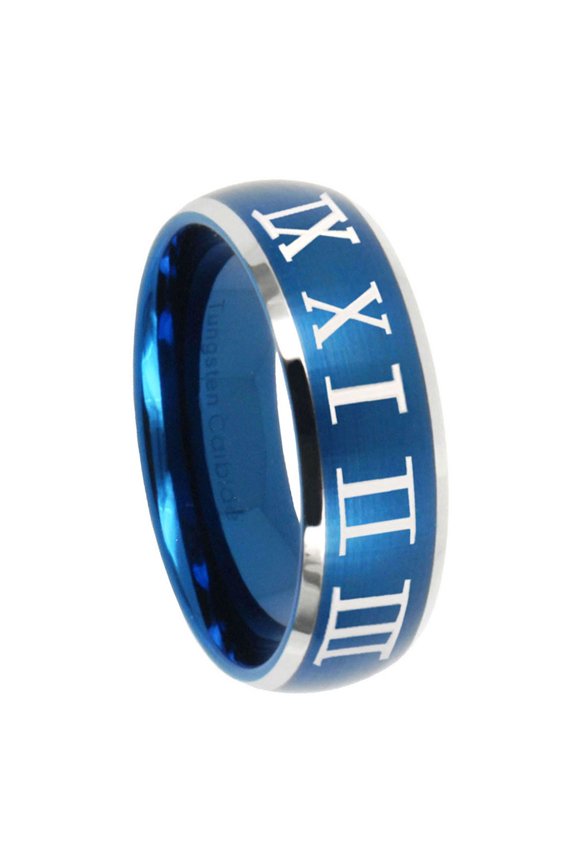 Roman Numeral Dome Brushed Finish Blue Tungsten Men Ring 10MM