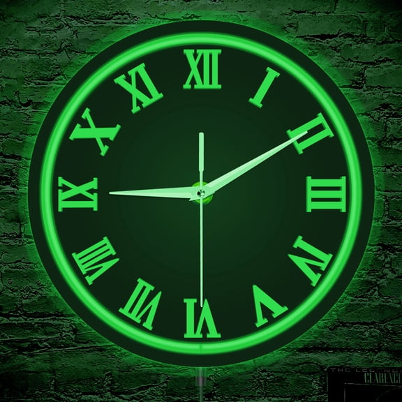 Roman Numeral LED Illuminated Wall Clock for Office Home Contemporary Aesthetic Accent Metal Frame Glowing Neon Light Wall Clock
