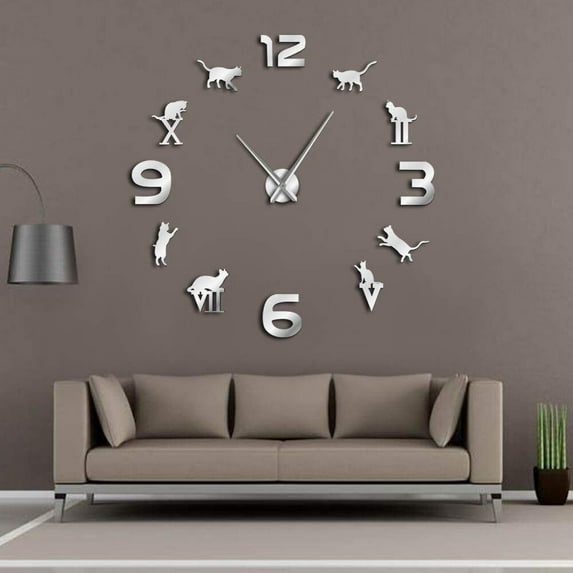 Roman Numerals DIY Big Wall Clock Modern Kitty Cat Watch Giant 3D Mirror Large Number Wall Clock Sticker Cat Lover Creative Gift(Silver,27inch)
