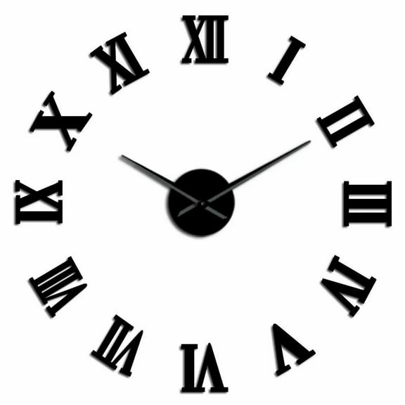 Roman Numerals Frameless Wall Clock Stickers, DIY Modern Decorative Clocks for Living Room, Bedroom, Office - Easy to Install, Large 3D Clock Design (Black,47in)