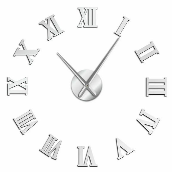 Roman Numerals Frameless Wall Clock Stickers, DIY Modern Decorative Clocks for Living Room, Bedroom, Office - Easy to Install, Large 3D Clock Design (Silver,37in)