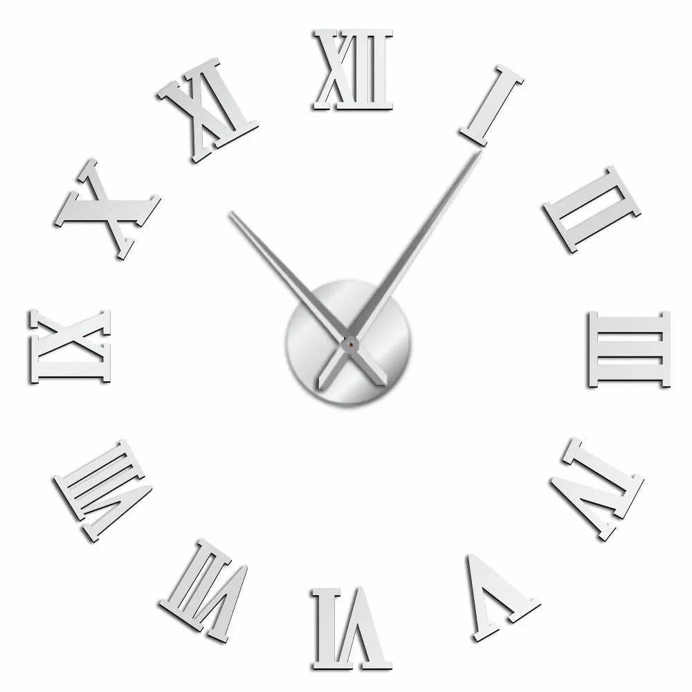 Roman Numerals Frameless Wall Clock Stickers, DIY Modern Decorative Clocks for Living Room, Bedroom, Office - Easy to Install, Large 3D Clock Design (Silver,47in)