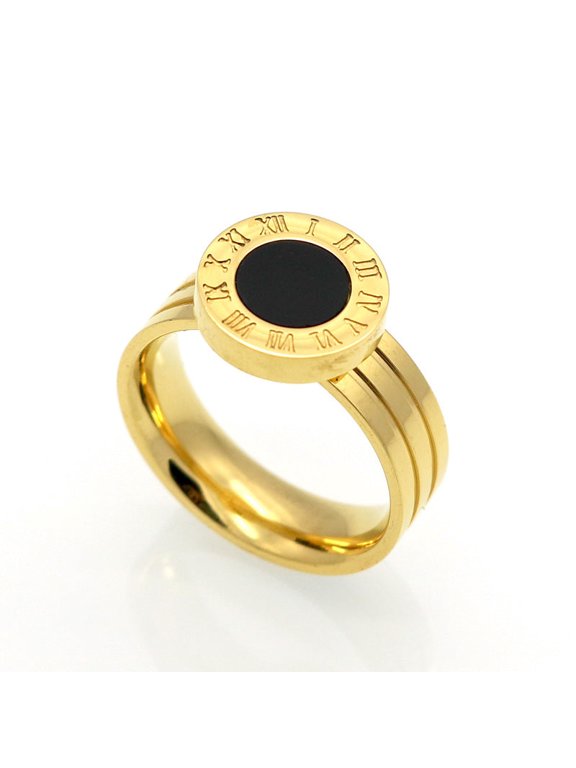 Roman Numerals Round Shell Agate Ring For Women Stainless Steel Titanium 10mm Cocktail Ring Circle Design Chic
