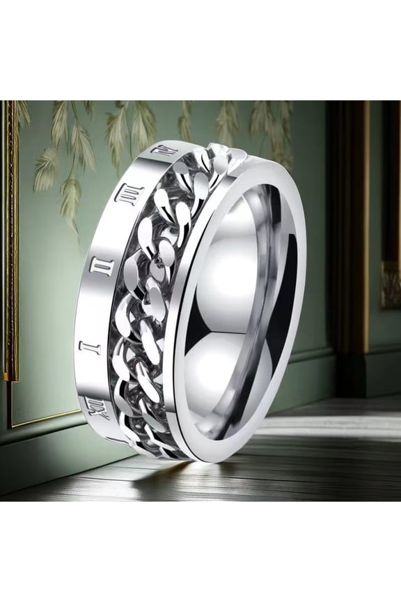 Roman Numerals Stainless Steel Curb Chain Finger Rings Rotary Pressure Relief Ring Stainless Steel Color Size 10(19.8mm)