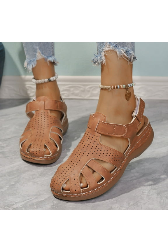 Roman Orthopedic Sandals for Women Closed Toe Hollow Out Classic Sandals Slip On Loafers Low Driving Flats Comfy Sandals Women's Wedge Heel Sandals