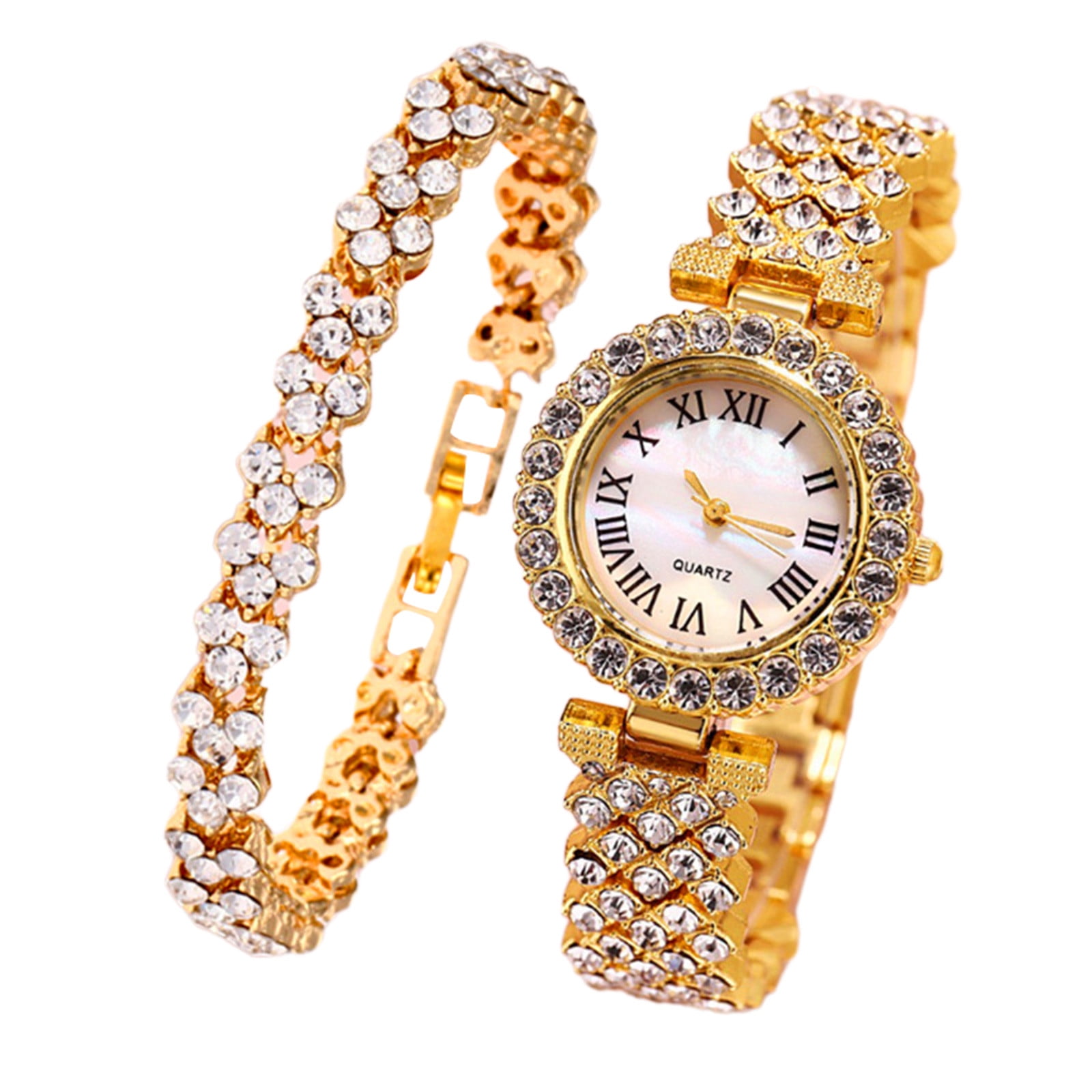 Roman Pattern Diamond Encrusted Women's Watch Small Dial Metal Strap ...
