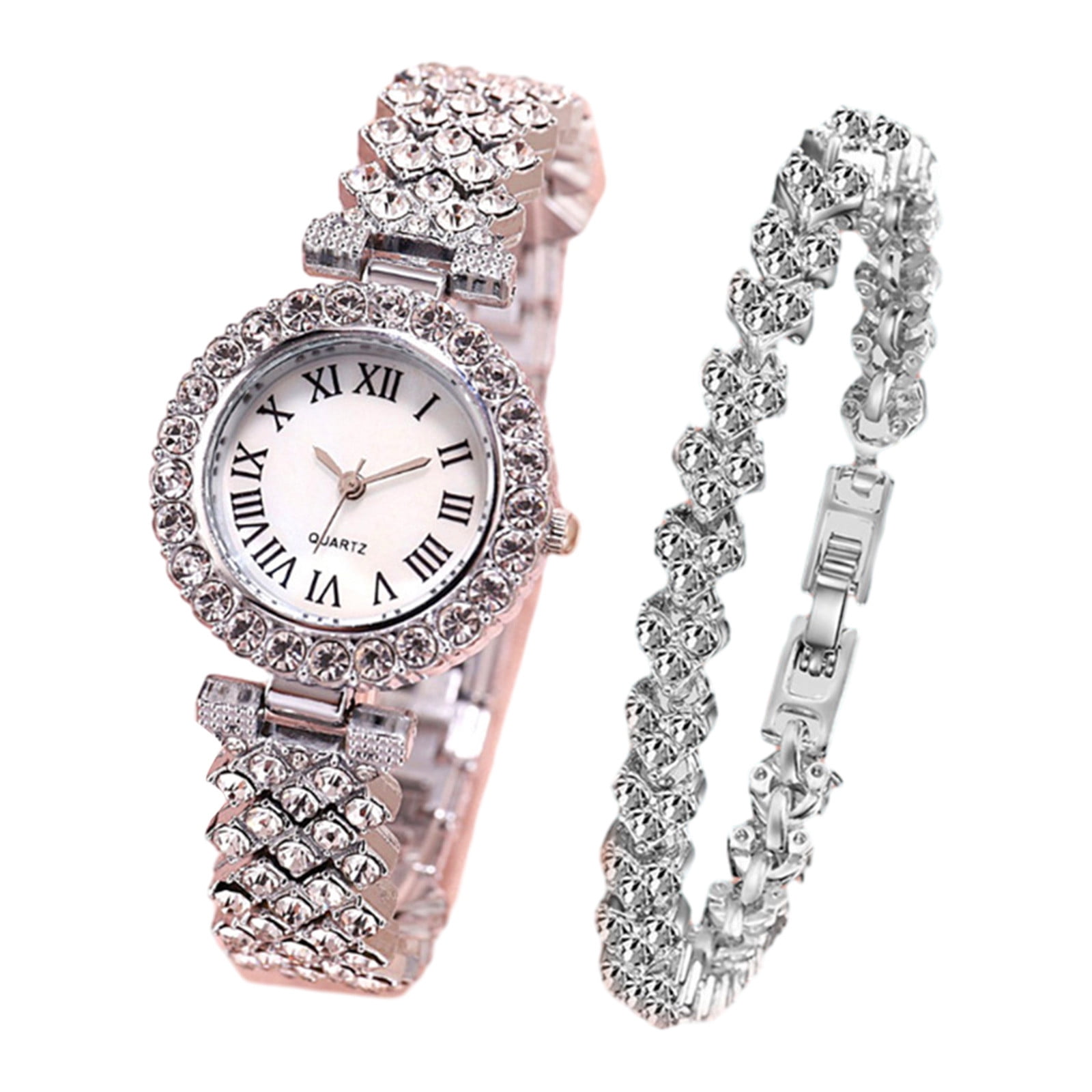 Roman Pattern Diamond Encrusted Women's Watch Small Dial Metal Strap ...
