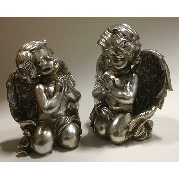 Praying Cherub Angel Figurines - 8" - Pewter Finish - Set of 2