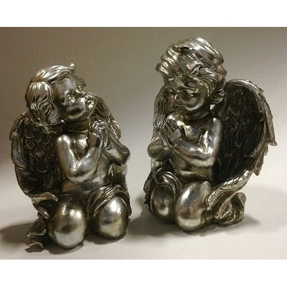 Roman Praying Cherub Angel Figurines - 8" - Pewter Finish - Set of 2