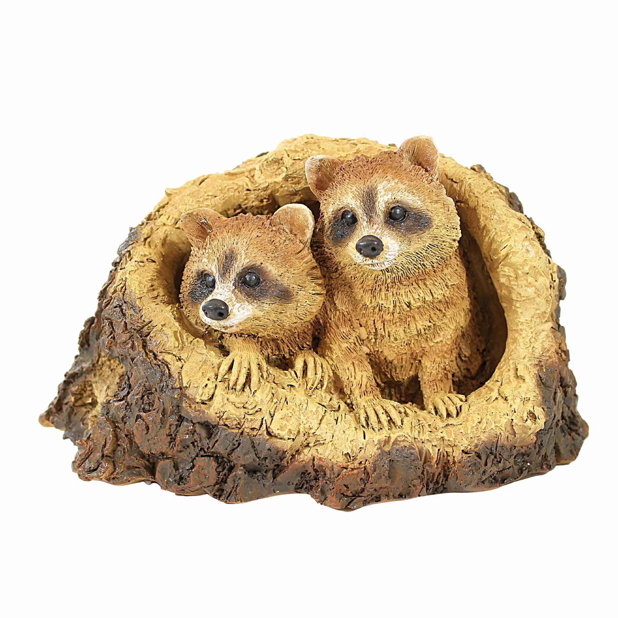 Charming Resin Raccoons in Tree Trunk Statue