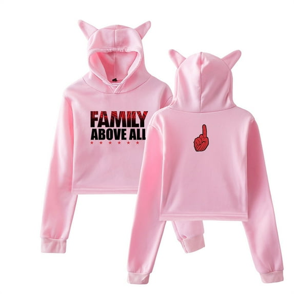 Roman Reigns Family Above All Printed Short Hoodie Womens Clothing Fashion Cat Ear Sweatshirt