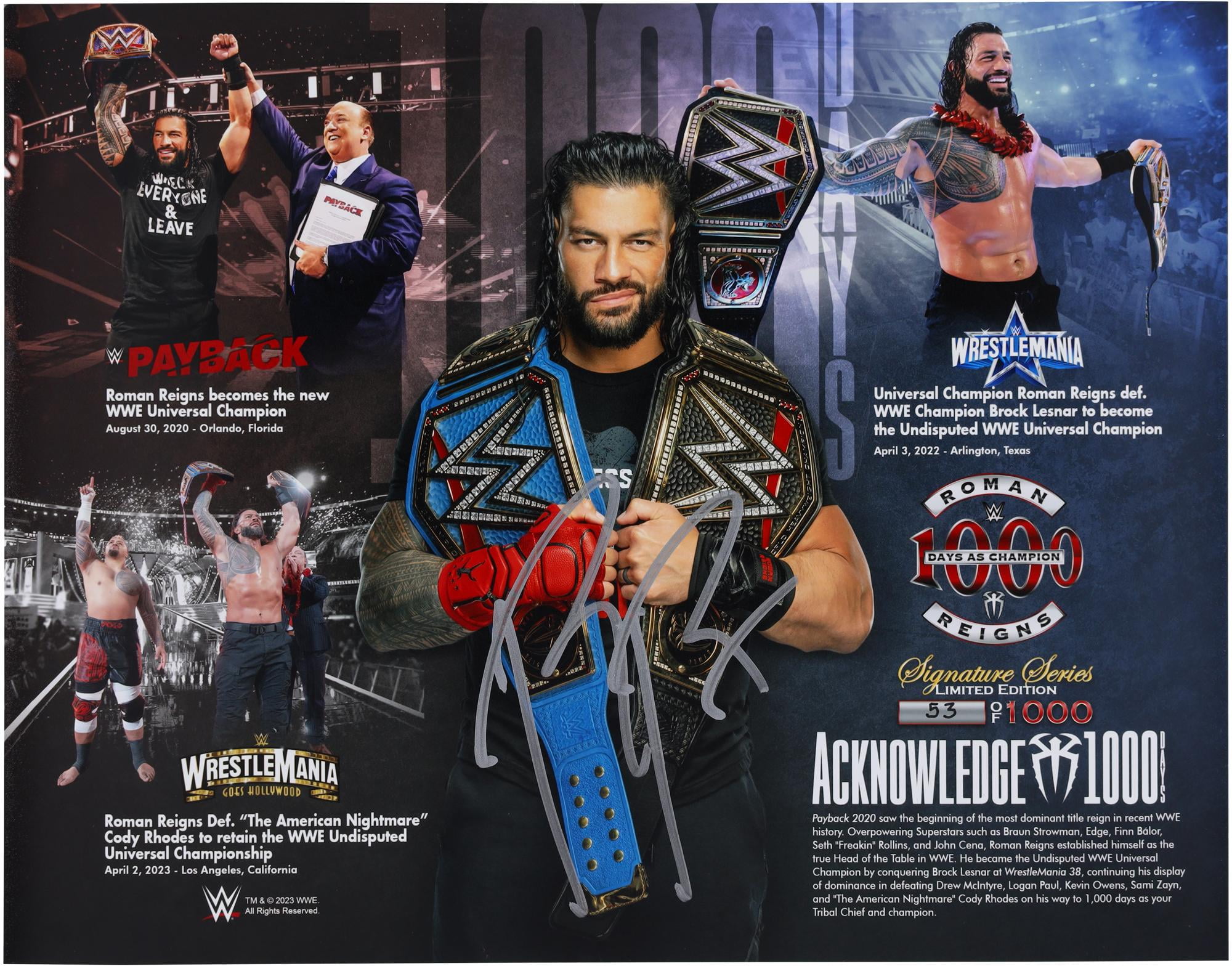 Roman Reigns WWE Autographed 11" x 14" 1,000 Days as Champion Photograph - Limited Edition of 1,000 - Fanatics Authentic Certified