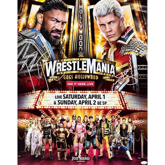 Roman Reigns & Cody Rhodes Signed 22x28 WrestleMania Poster JSA Authenticated