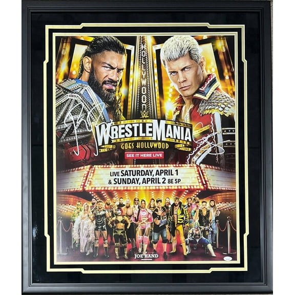 Roman Reigns & Cody Rhodes Signed Framed 22x28 WrestleMania Poster JSA Authentic