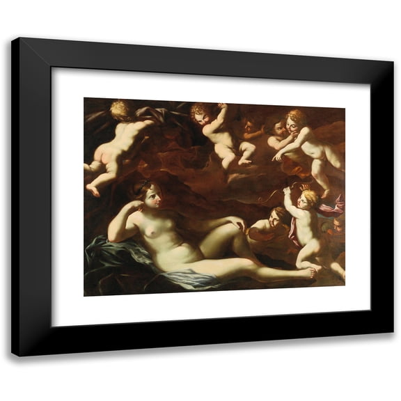 Roman School 14x12 Black Modern Framed Museum Art Print Titled - Venus and Cupid with Amorini (17th Century)