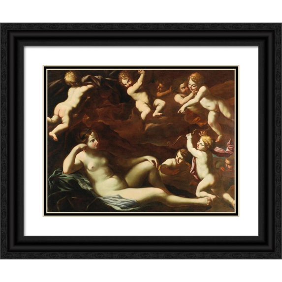 Roman School 14x12 Black Ornate Wood Framed Double Matted Museum Art Print Titled: Venus and Cupid with Amorini (17th Century)