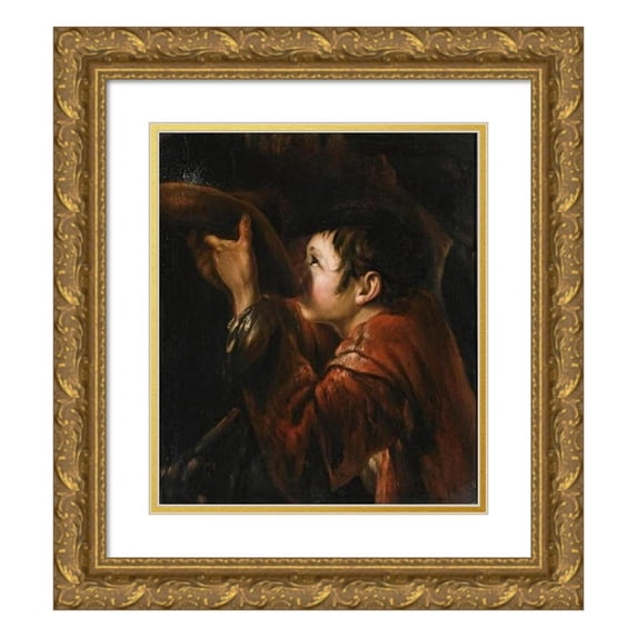 Roman School 15x17 Gold Ornate Wood Frame and Double Matted Museum Art Print Titled - A Boy Using His Hat To Drink Water from a Fountain (Second Half of the 17th Century)