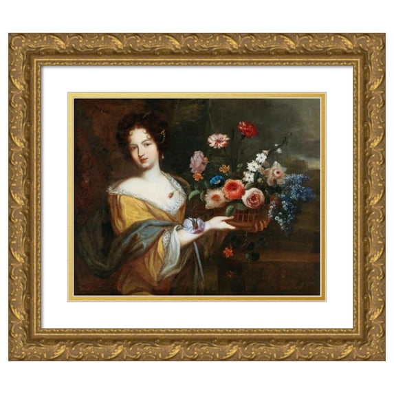 Roman School 24x20 Gold Ornate Framed and Double Matted Museum Art Print Titled - A Young Woman Carrying a Basket of Flowers (17th Century)