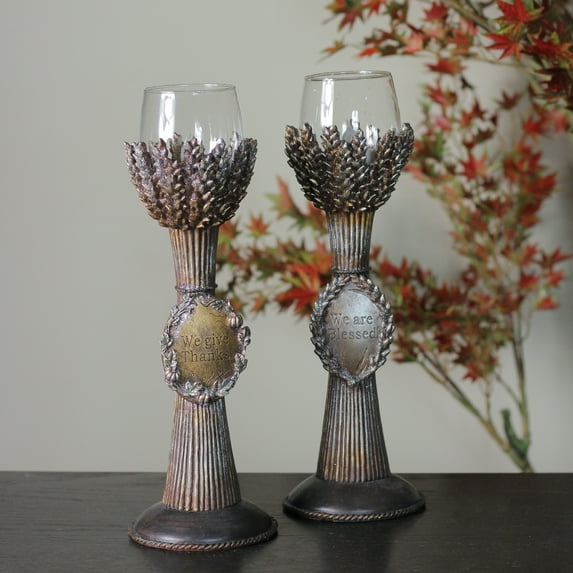 Roman Engraved We Give Thanks Blessed Fall Harvest Votive Candleholders - 12.5" - Set of 2