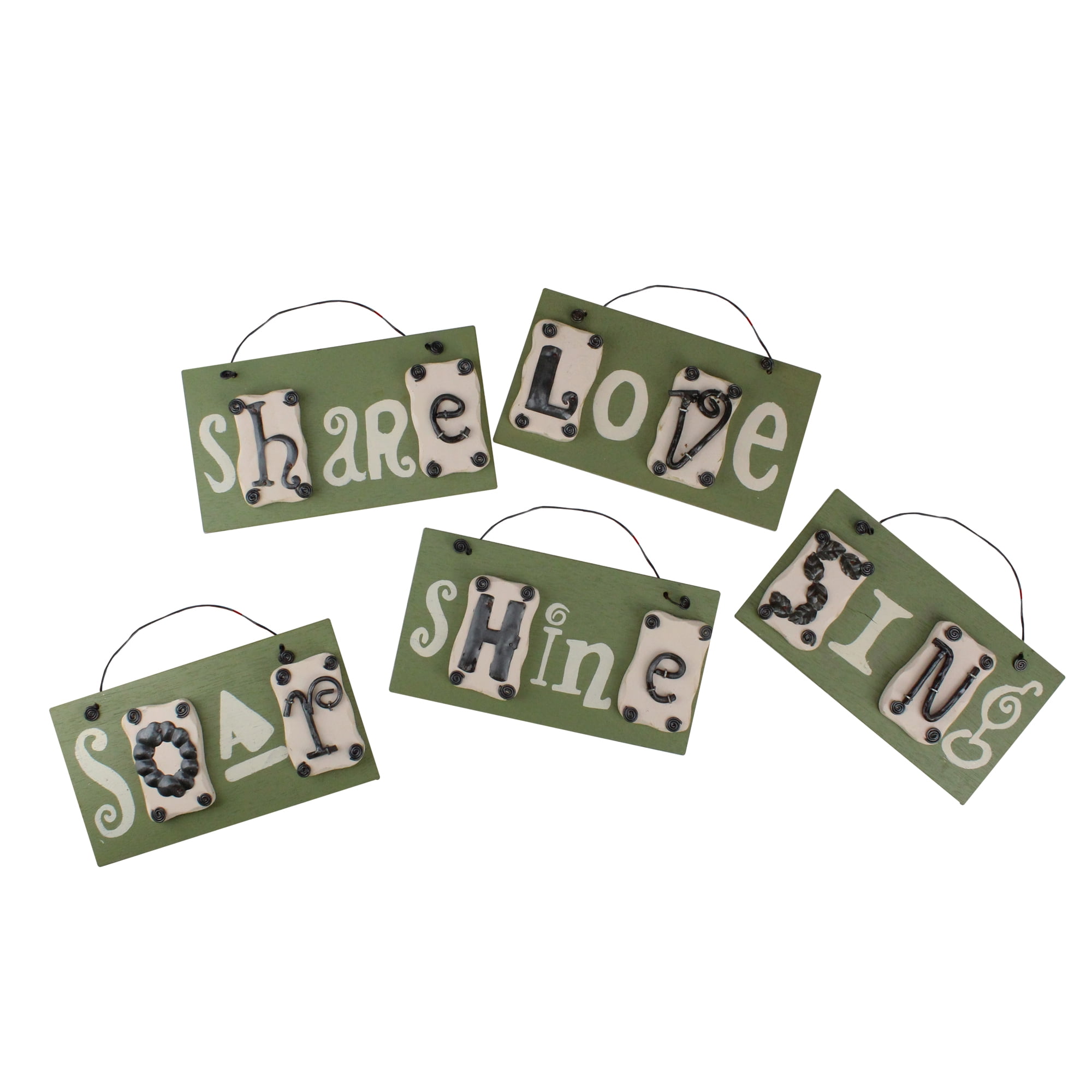 Set of 5 Green and White Wooden Inspirational Wall Plaques