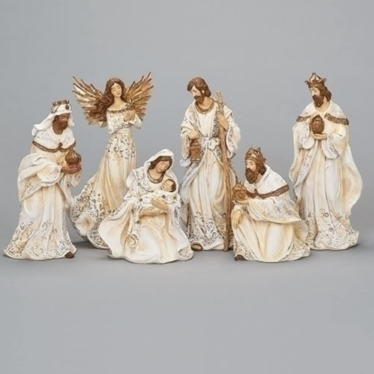 12" Cream and Gold Resin Nativity Set, 6 Pieces
