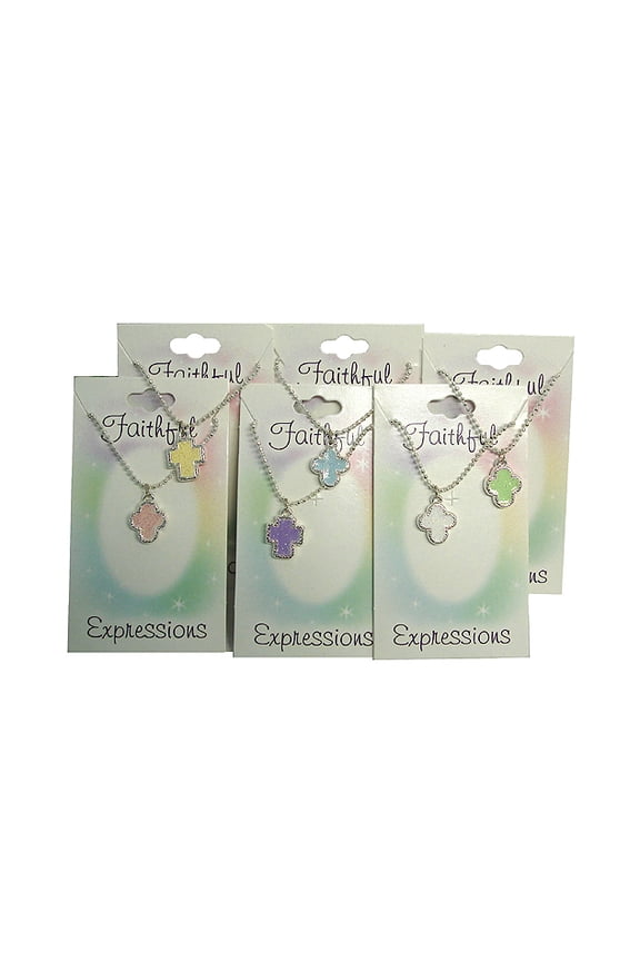 Set of 6 Pastel Sparkle Cross Pendant Silver Necklaces 18"