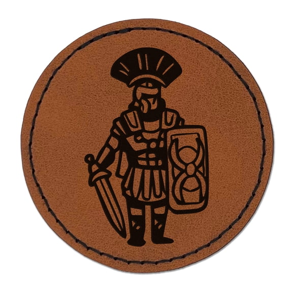 Roman Soldier Centurion Sword Shield 2.5" Faux Leather Round Engraved Iron-On Patch - Brown