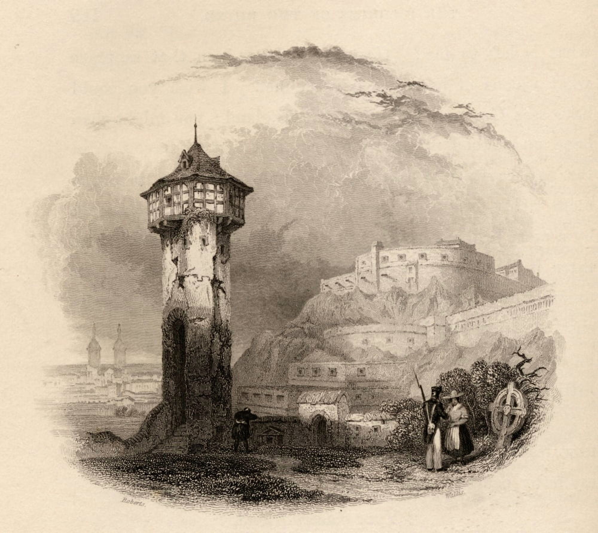 The Roman Tower In Thal Ehrenbreitstein Germany Engraved By Wallis From A 19Th Century Print By D Roberts Canvas Art - Ken Welsh Design Pics (32 x 28)