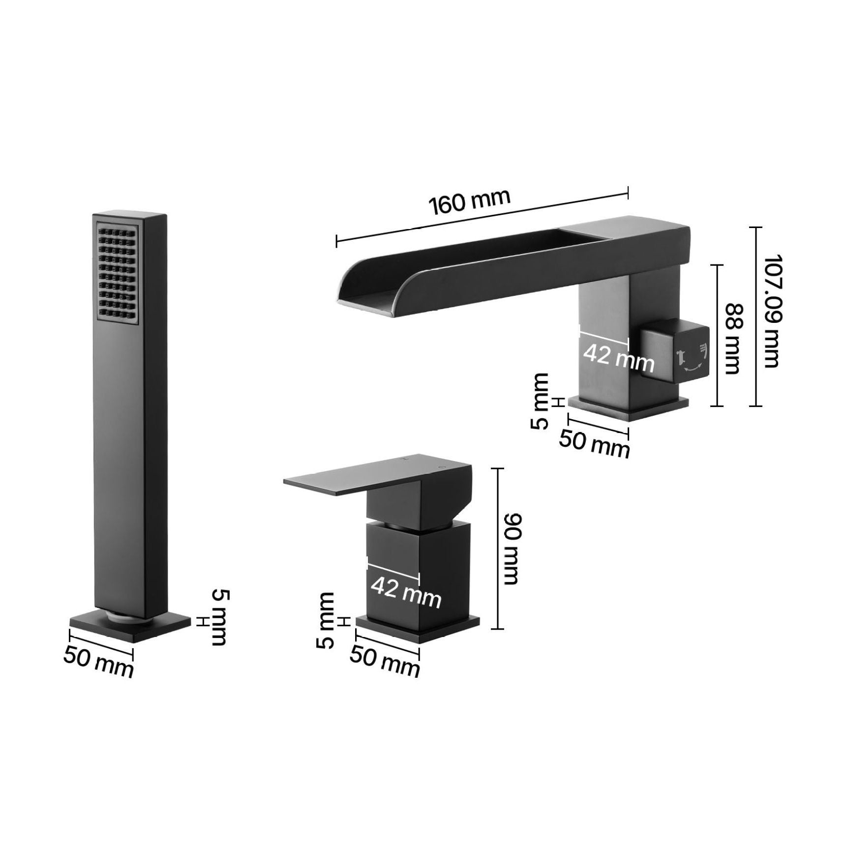 Roman Tub Faucet 3 Hole, Waterfall Bathtub Faucet Widespread, with Shower Head & Handle, Matte Black, High Flow, for Pet/Adult Bathing
