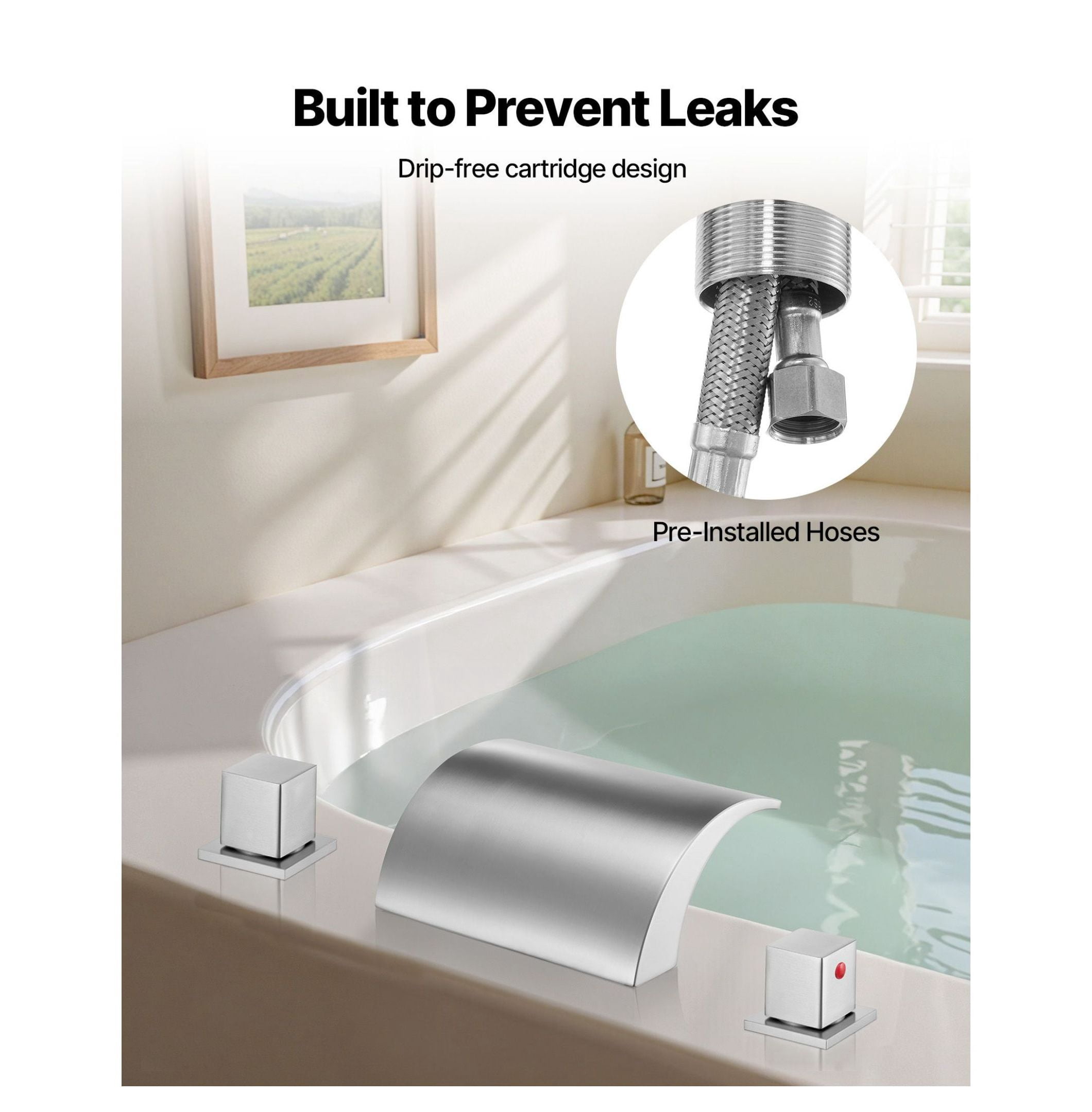 Roman Tub Faucet 3 Hole, Waterfall Bathtub Faucet with Handles, Deck Mount Tub Spout, Silver Finish, High Flow for Adult Bathing, Modern Bathroom