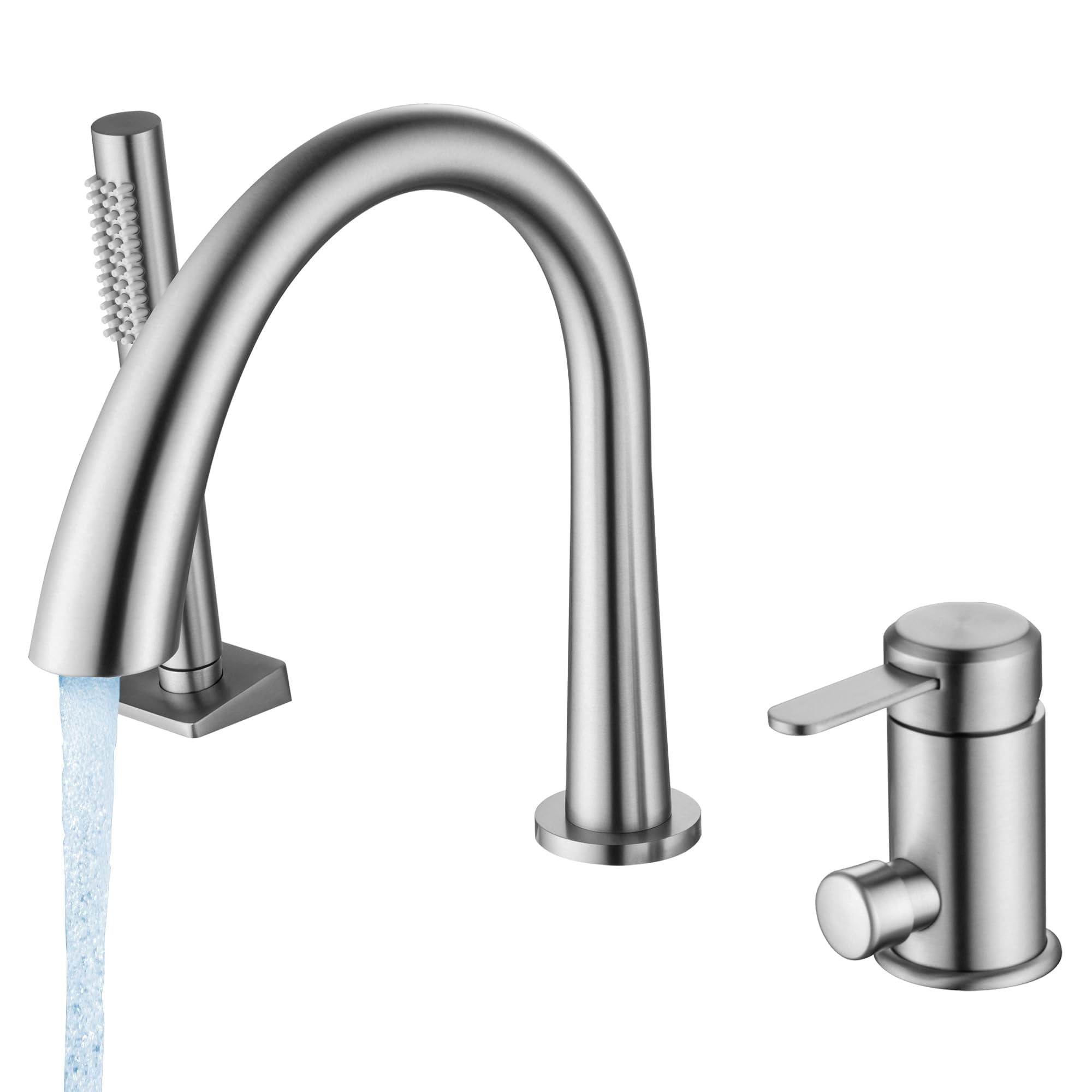 Roman Tub Faucet With Hand Shower 3 Hole Deck Mount Filler Bathtub Sprayer High Flow Set Brush Nickel