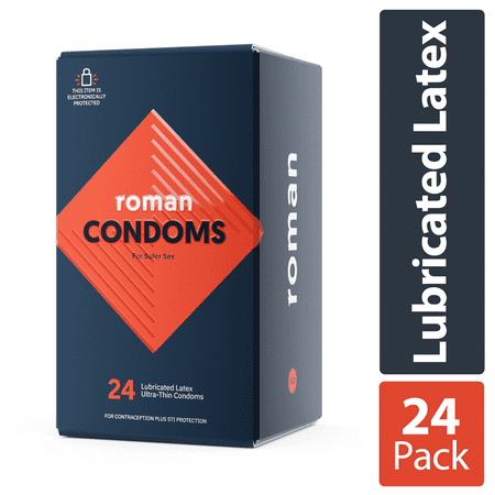 Roman Ultra Thin Condoms, 100% Natural Latex Lubricated Condoms, 24 Pack