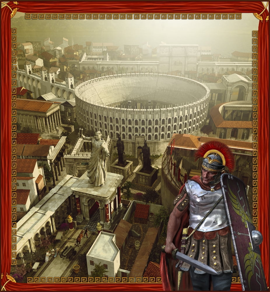 Roman legionnaire with a Roman city and coliseum Canvas Art - Kurt MillerStocktrek Images (28 x 30)