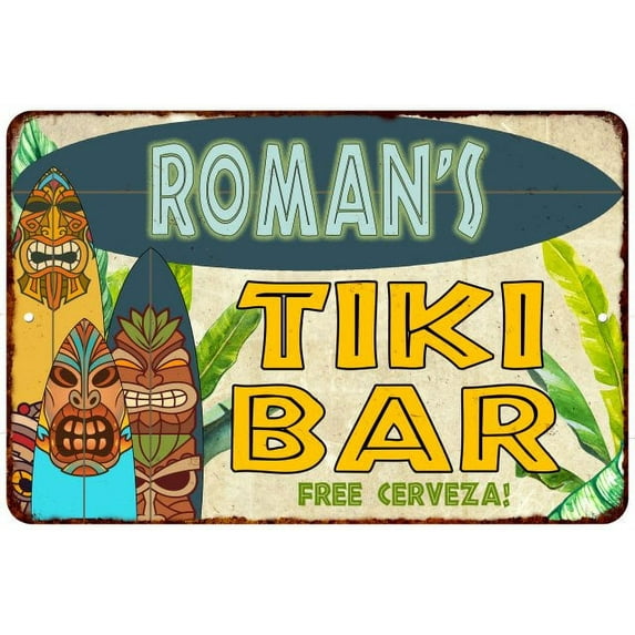 Roman's TIKI BAR Sign Island Beach Ocean Metal Tin Metal Wall Decor 8 x 12 Matte Finish Metal 108120058414