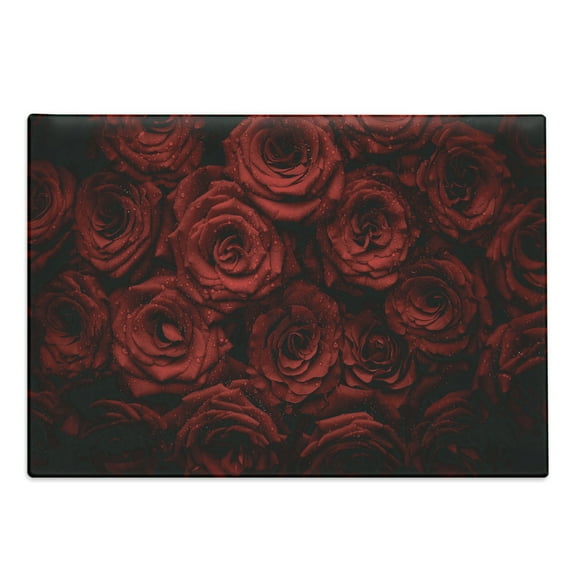 Romance Cutting Board, Roses Drops of Water Blooming Bouquet of Love and Passion Image Illustration, Decorative Tempered Glass Cutting and Serving Board, Large Size, Black Red, by Ambesonne