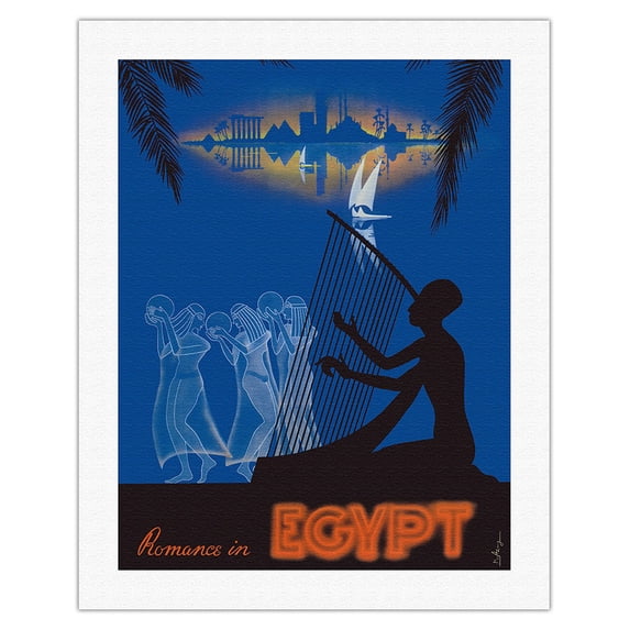 Romance in Egypt - Love on the Nile River - Ancient Egyptian Harp Player Dancing Girls - Vintage Travel Poster by M. Azmy c.1930s - Fine Art Rolled Canvas Print 20in x 26in