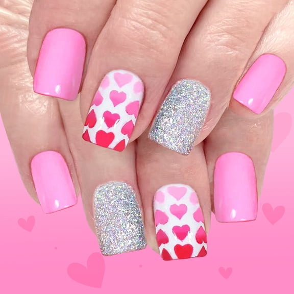 Romance Glossy Artificial Nails 24PCS Valentine Design Glitters Hearts Pattern Short Square Shape Artificial Nails