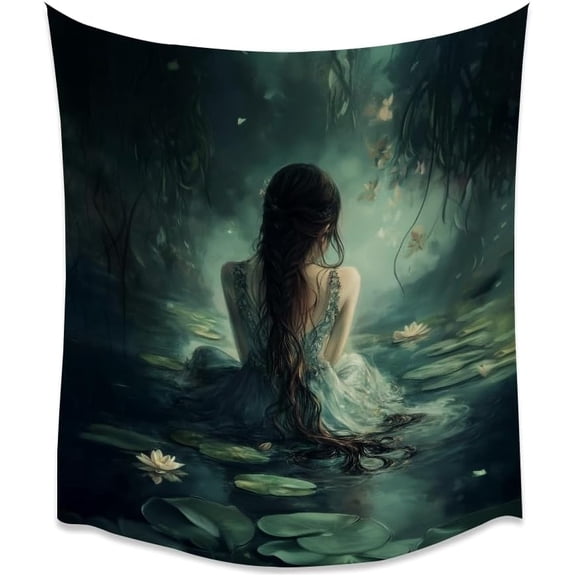 Romance Gothic Woman in The Lake Art Tapestry Vintage Enchanted Forest Aesthetic Tapestries Victorian Feminism Wall Hanging for Living Room Dorm Gallery Wall Decor white30x40inch