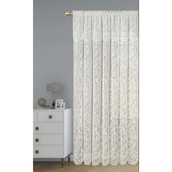 Romance Lace Fabric Window Curtain with an Attached Valance Size 60 x 84 COLOR White