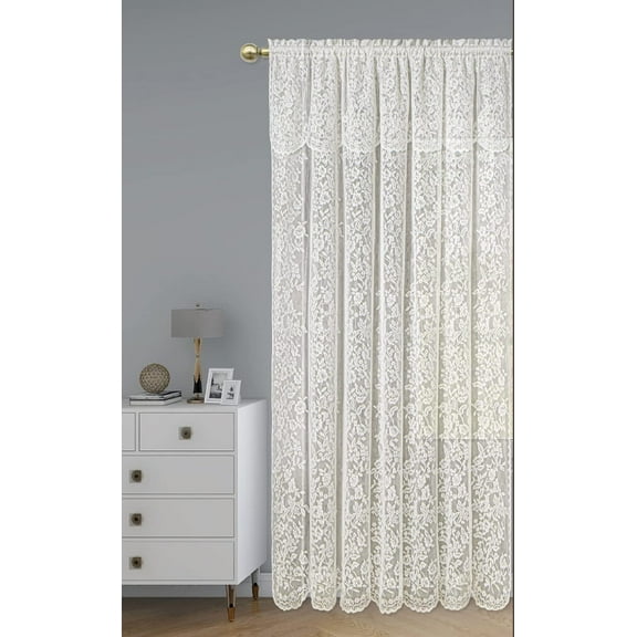 Romance Lace Fabric Window Curtain with an Attached Valance Size 60 x 84 COLOR White