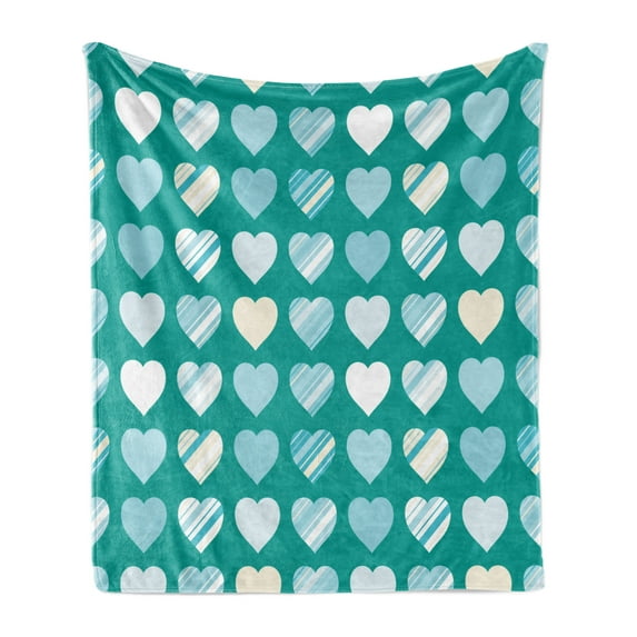 Romance Soft Flannel Fleece Throw Blanket, Heart Lovers Famous Universal Signic Design, Cozy Plush for Indoor and Outdoor Use, 60" x 80", Jade Green Seafoam Cream, by Ambesonne
