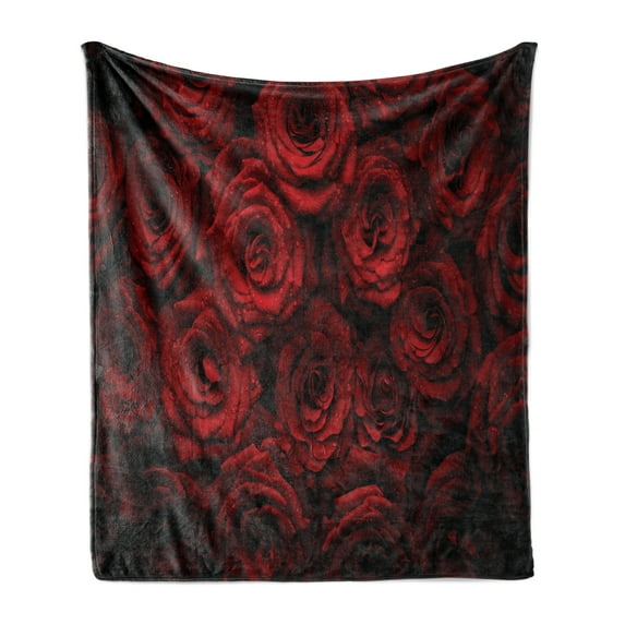 Romance Soft Flannel Fleece Throw Blanket, Roses Drops of Water Blooming Bouquet of Love and Passion Image Illustration, Cozy Plush for Indoor and Outdoor Use, 70" x 90", Black Red, by Ambesonne