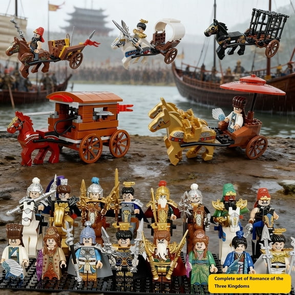 The Romance of the Three Kingdoms set includes 16 minifigures, 8 horses, and 5 carriages. These transformable building block minifigures make a perfect keepsake or birthday gift.