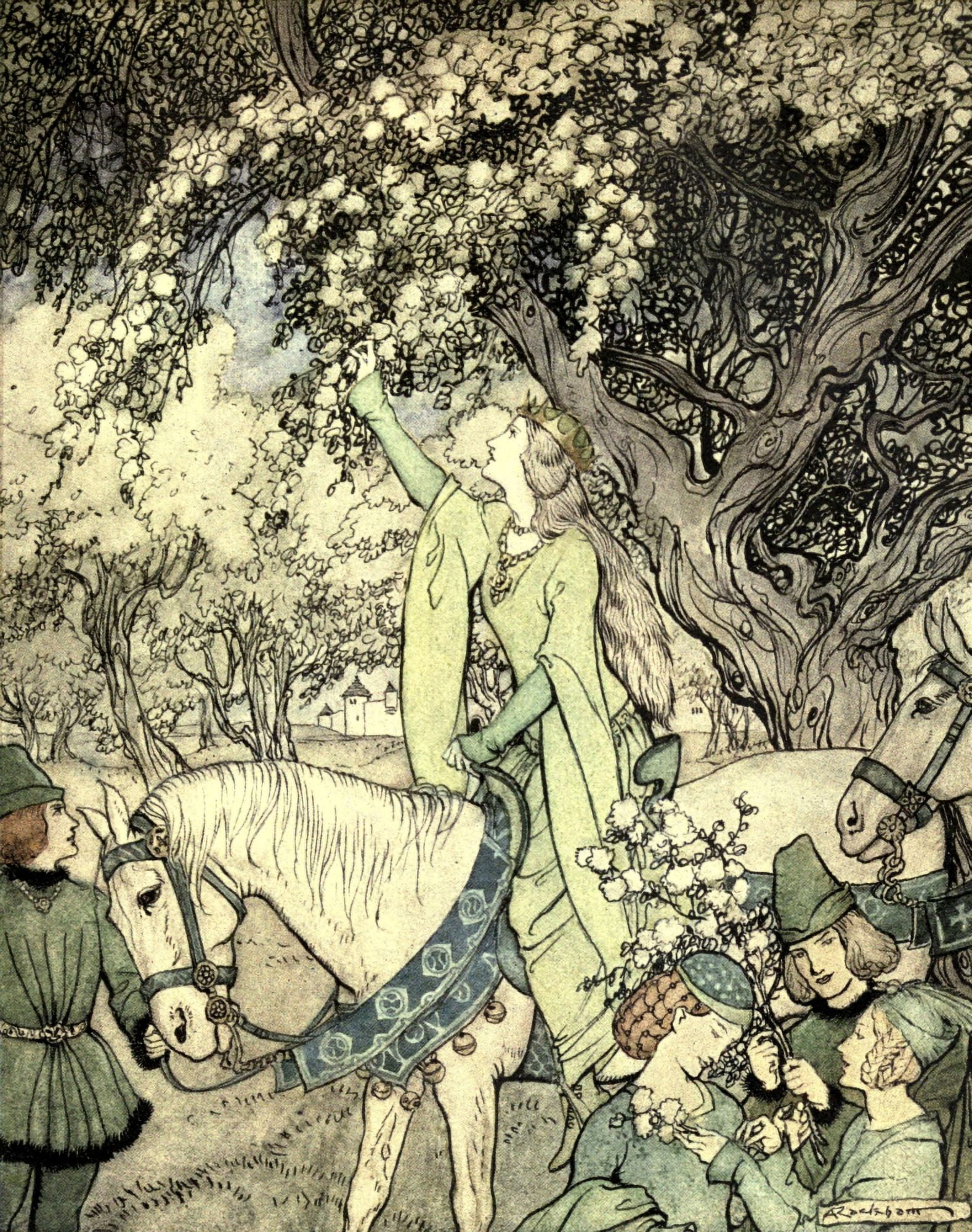 Romance of King Arthur 1917 Guinever rode in the woods Canvas Art - A Rackham (24 x 36)