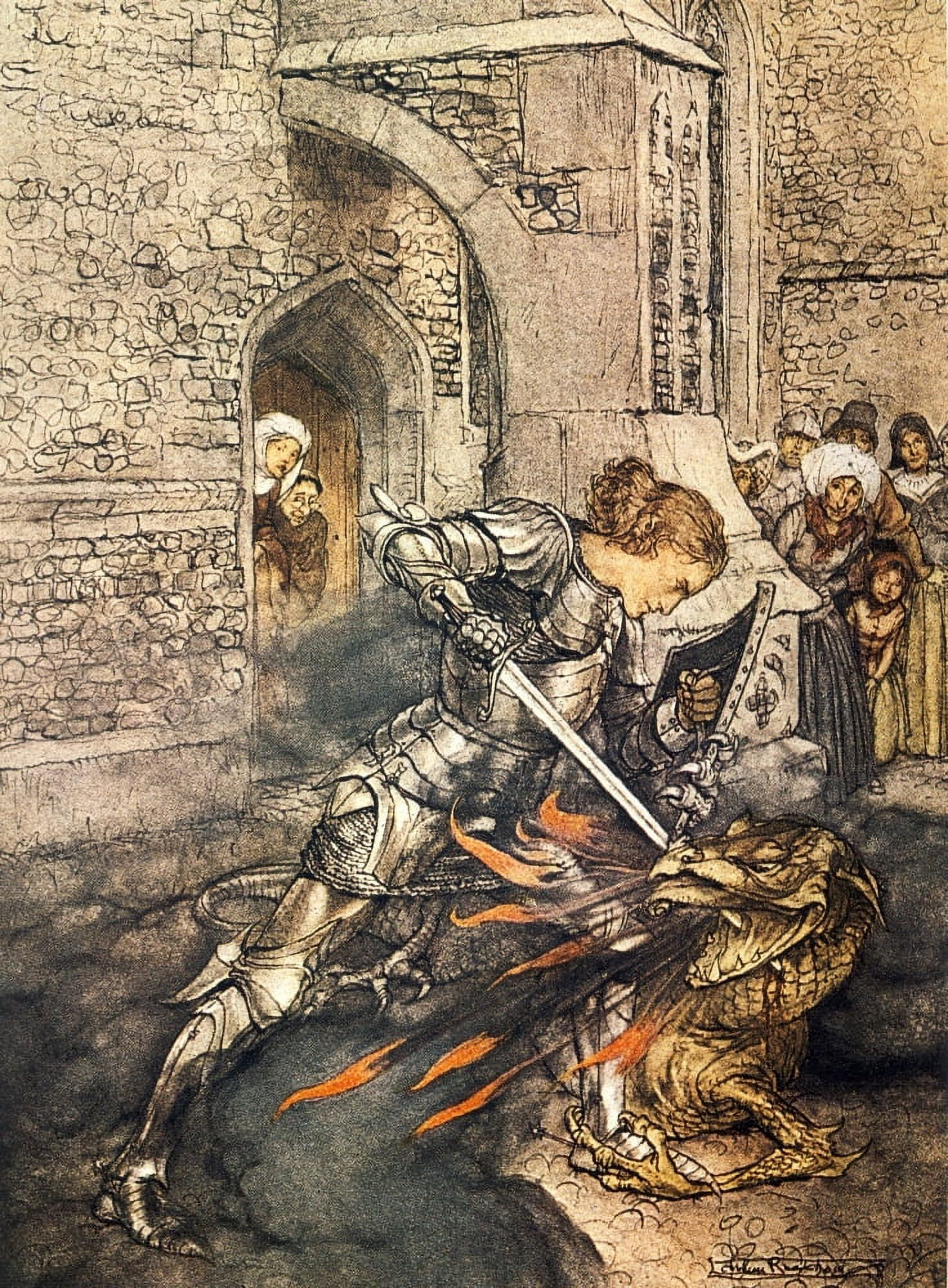 Romance of King Arthur 1917 Sir Lancelot & Dragon Canvas Art - A Rackham (18 x 24)