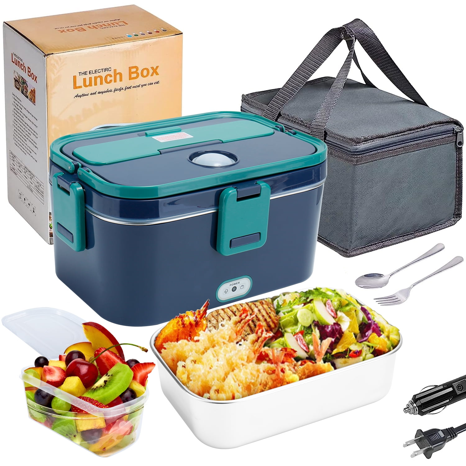 Romanda 1.8L Electric Heated Lunch Boxes for Adults 12V/24V/110V Portable Electric  Lunch Box for Car/Office/Home Leak Proof, 304 Stainless Steel Container, SS  Fork & Spoon and Carry Bag - Sky Blue 