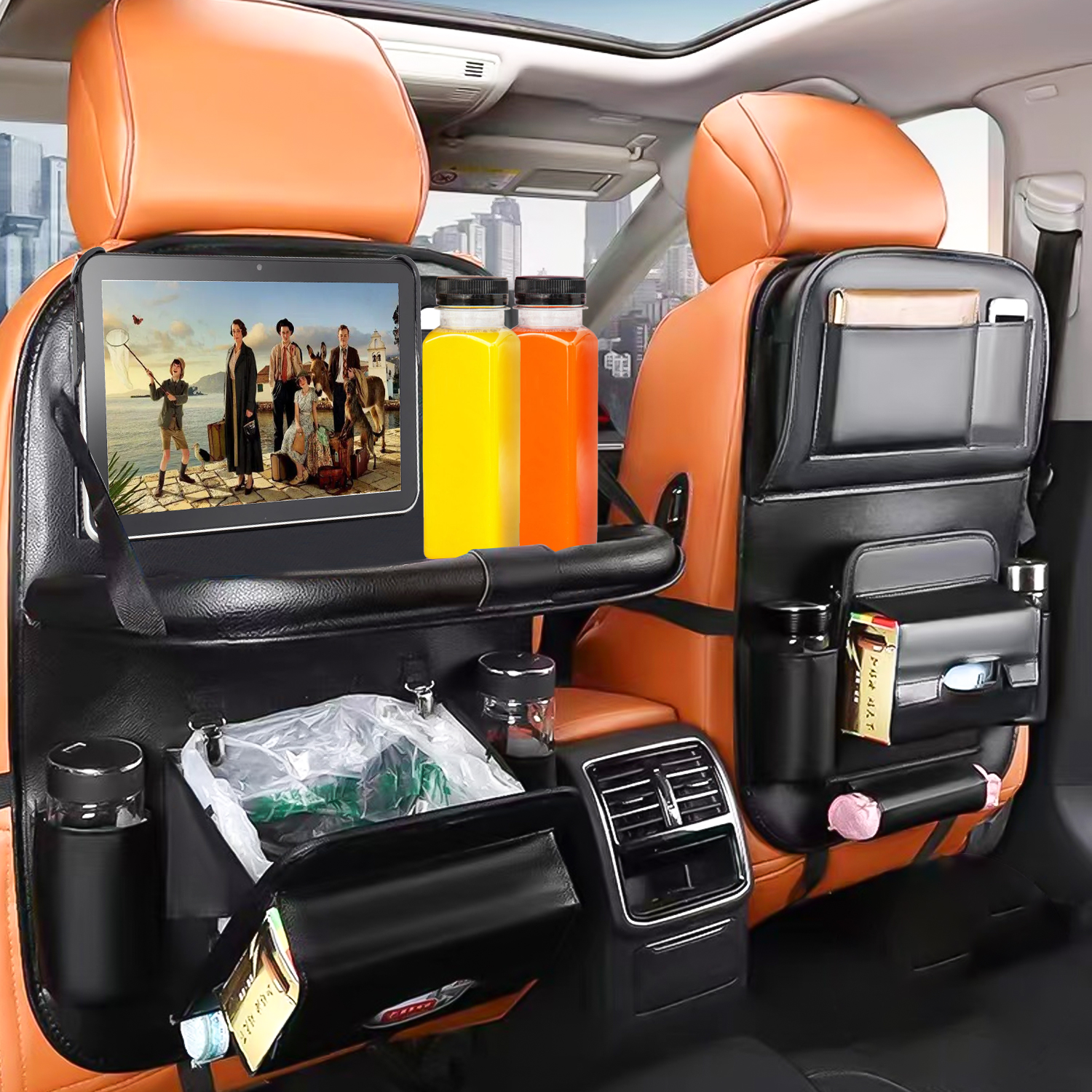 Romanda 2 Pack Car Back Seat Organizer with Tray & Trash Can & Tissue