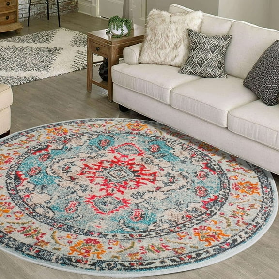 Romanda 4Ft Boho Round Rug Anti-Skid Old Vintage Boho Rugs for Living Room Washable Rugs, Distressed Non-Shedding Circle Rug for Dining Bedside Nursery Entryway Bedroom (4' Diameter, Multicolor)